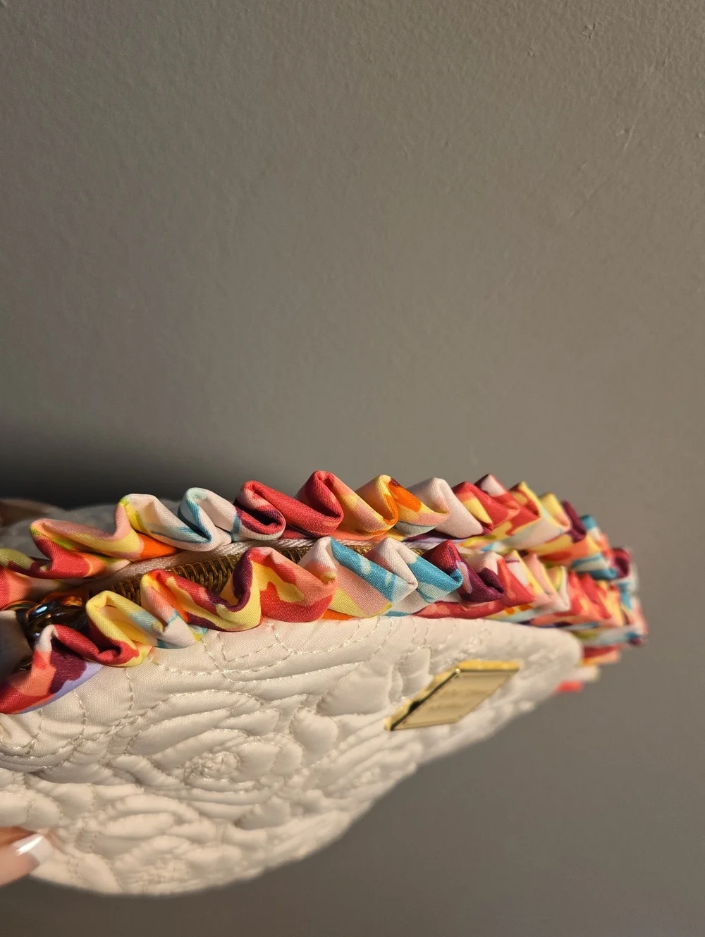 Betsey Johnson White Quilted Cosmetic Pouch with Multicolor Ruffle